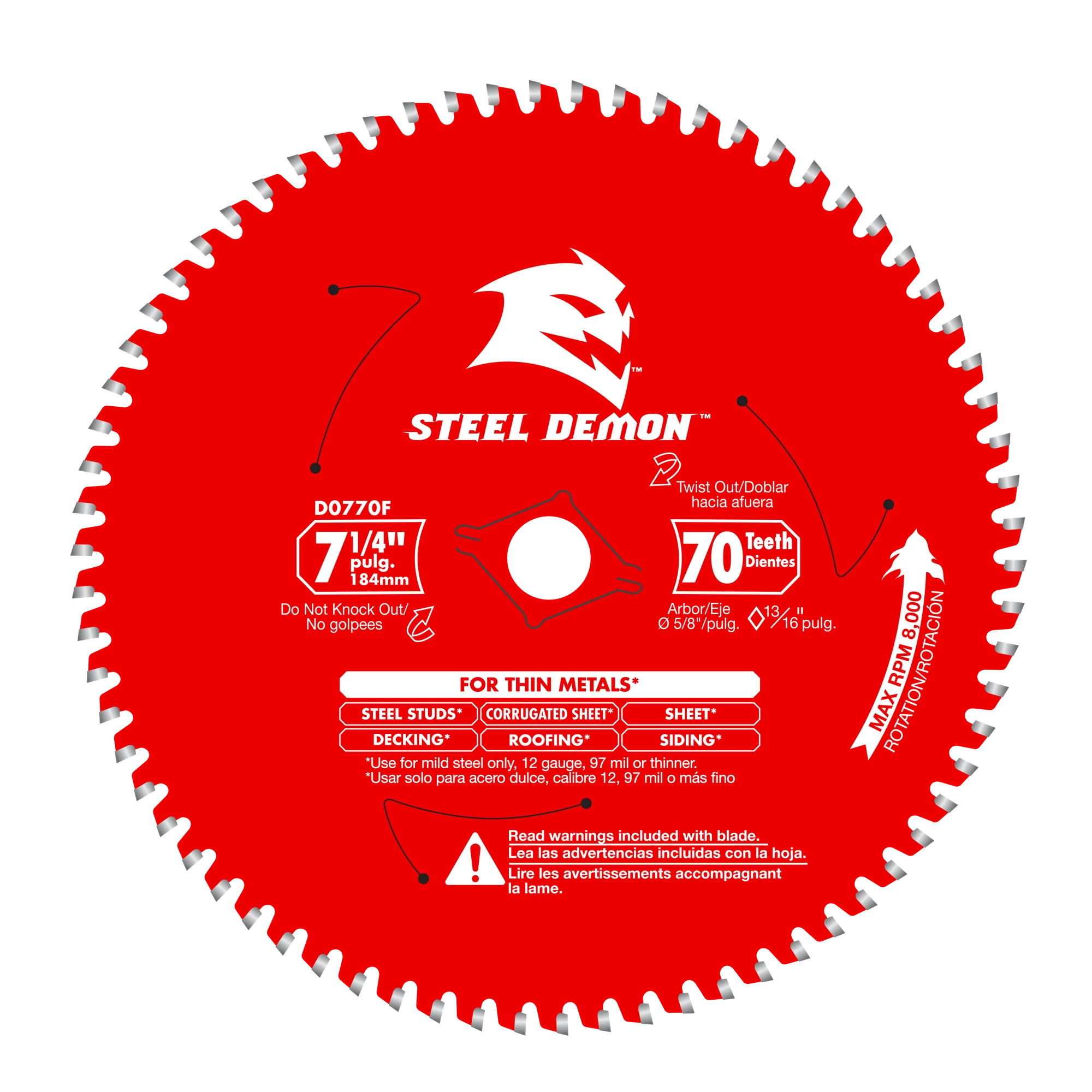 DIABLO D0770FA 7-1/4" X 70T STEEL DEMON CARBIDE TIPPED