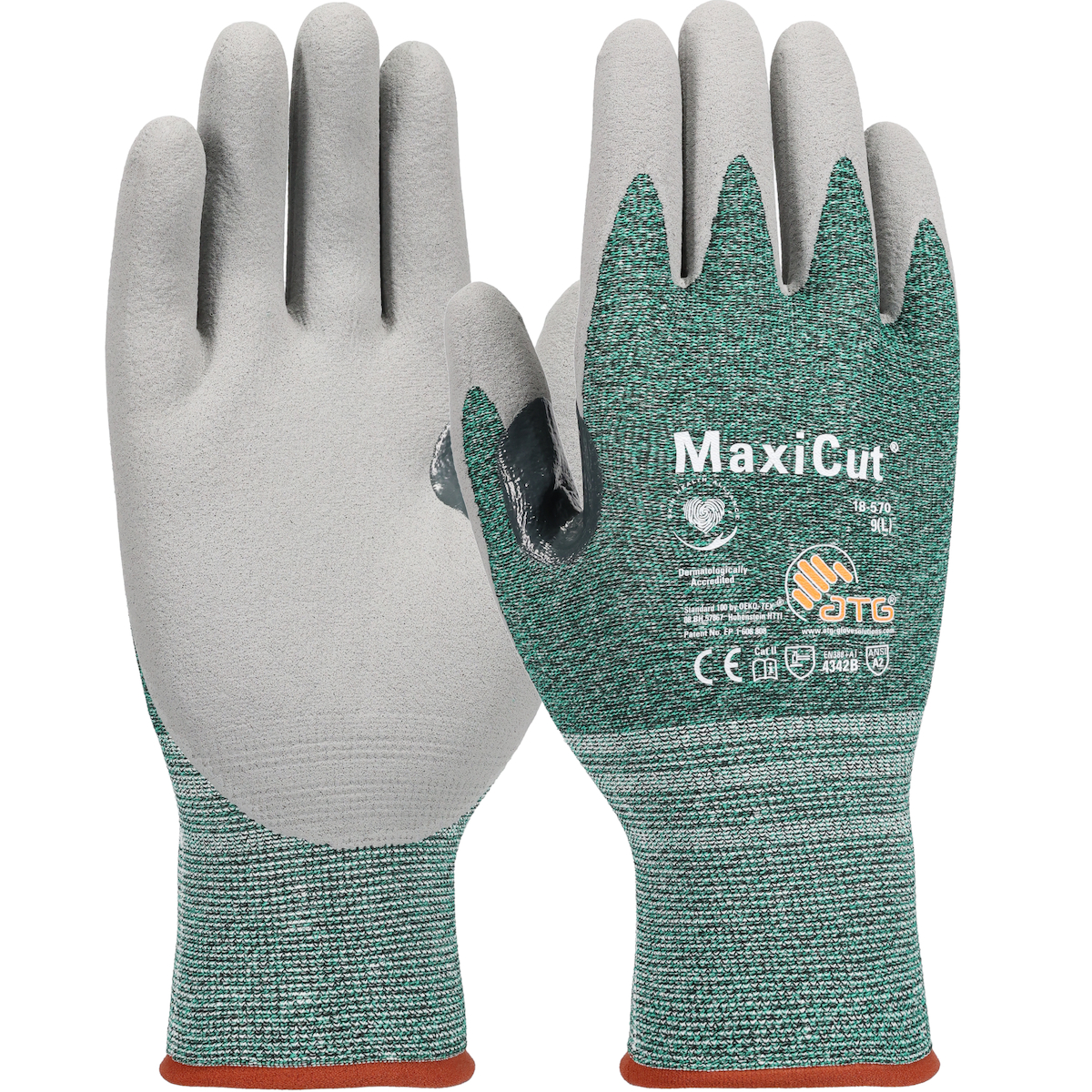 PIP 18-570(SM) MAXICUT SEAMLESS KNIT GREEN/GRAY MICROFOAM GRIP PALM &amp; FINGERTIPS