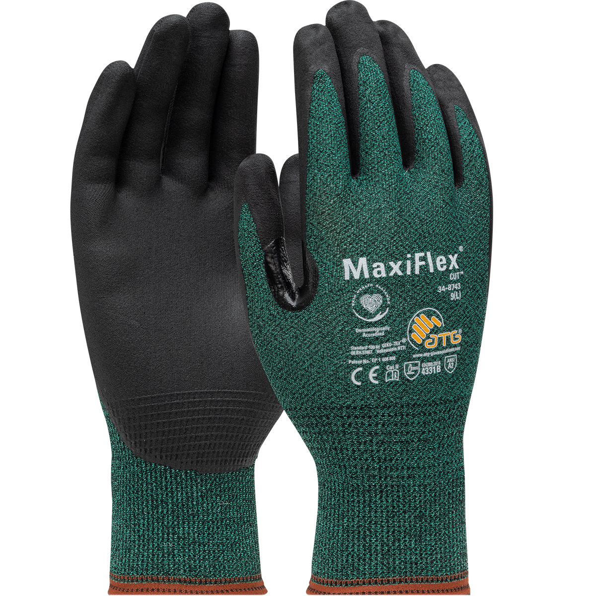 PIP 34-8743(SM) MAXIFLEX CUT SEAMLESS KNIT GREEN/BLACK MICROFOAM GRIP PALM &amp; FINGERTIPS